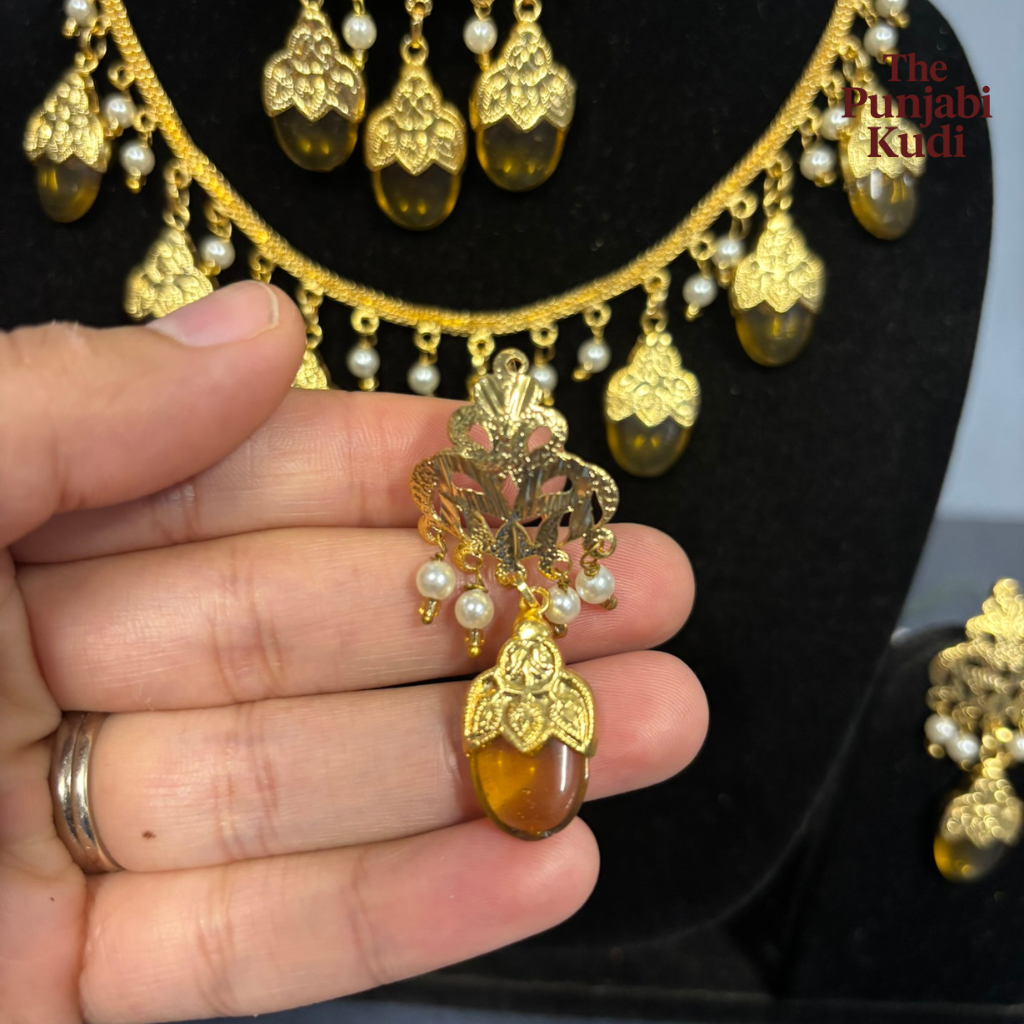 Punjabi Traditional Dakh Set with Tikka in Mustard Stones