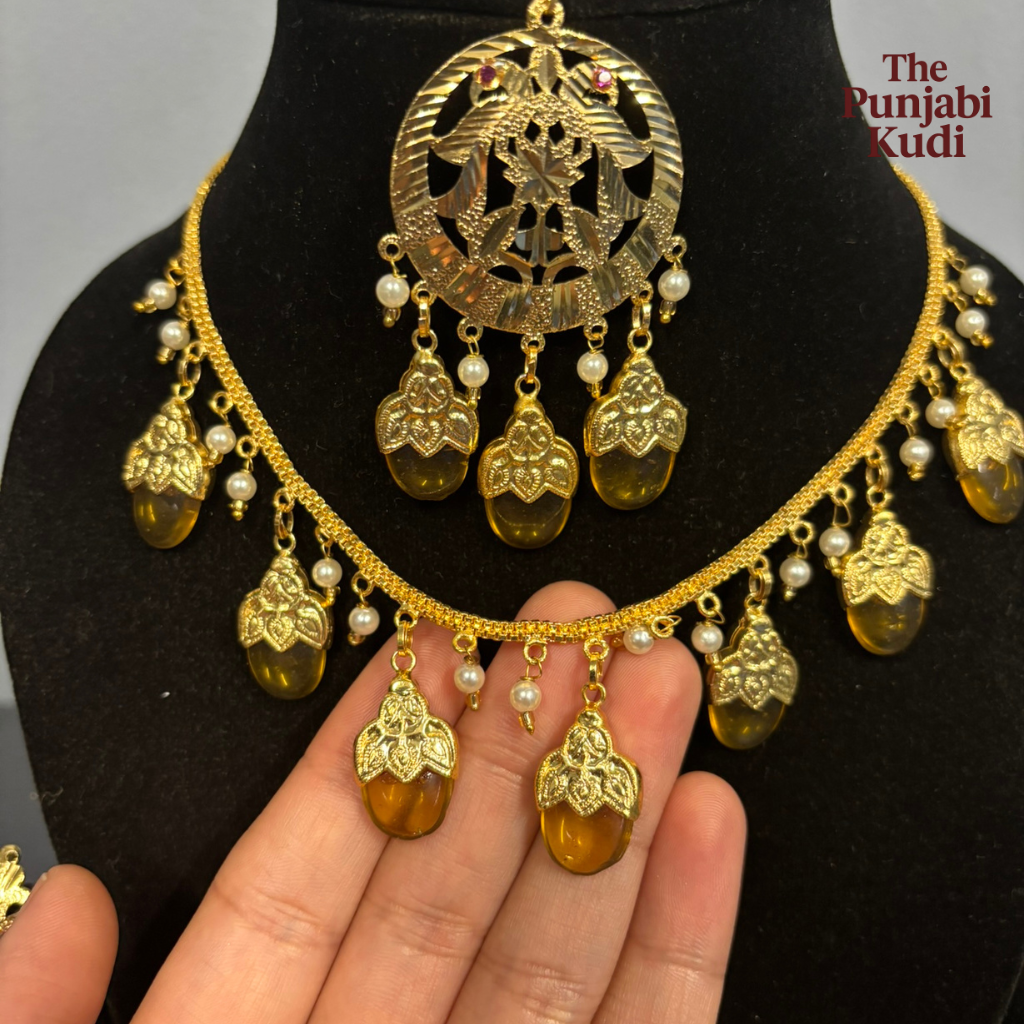 Punjabi Traditional Dakh Set with Tikka in Mustard Stones