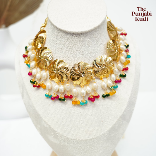 Traditional Punjabi Pattra Choker Tikka Set with Wallian in Multi color