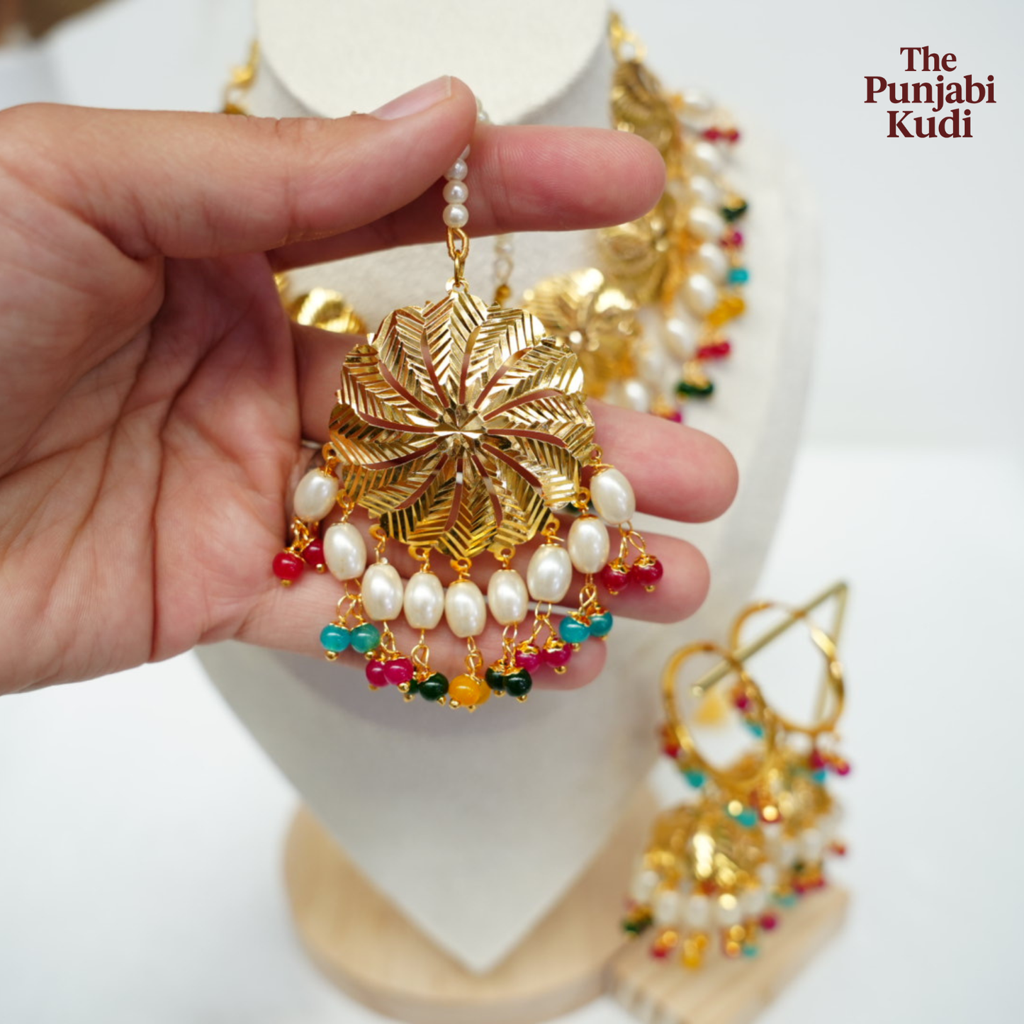 Traditional Punjabi Pattra Choker Tikka Set with Wallian in Multi color