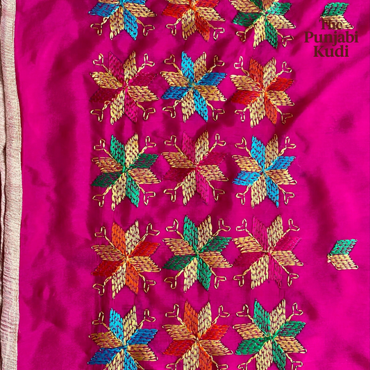 Hand-Embroidered Phulkari Chinon Dupatta Magenta Base