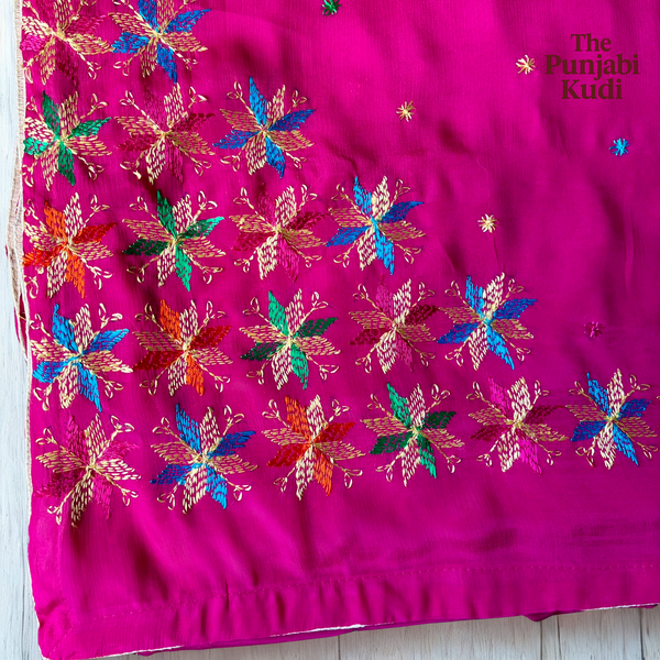 Hand-Embroidered Phulkari Chinon Dupatta Magenta Base