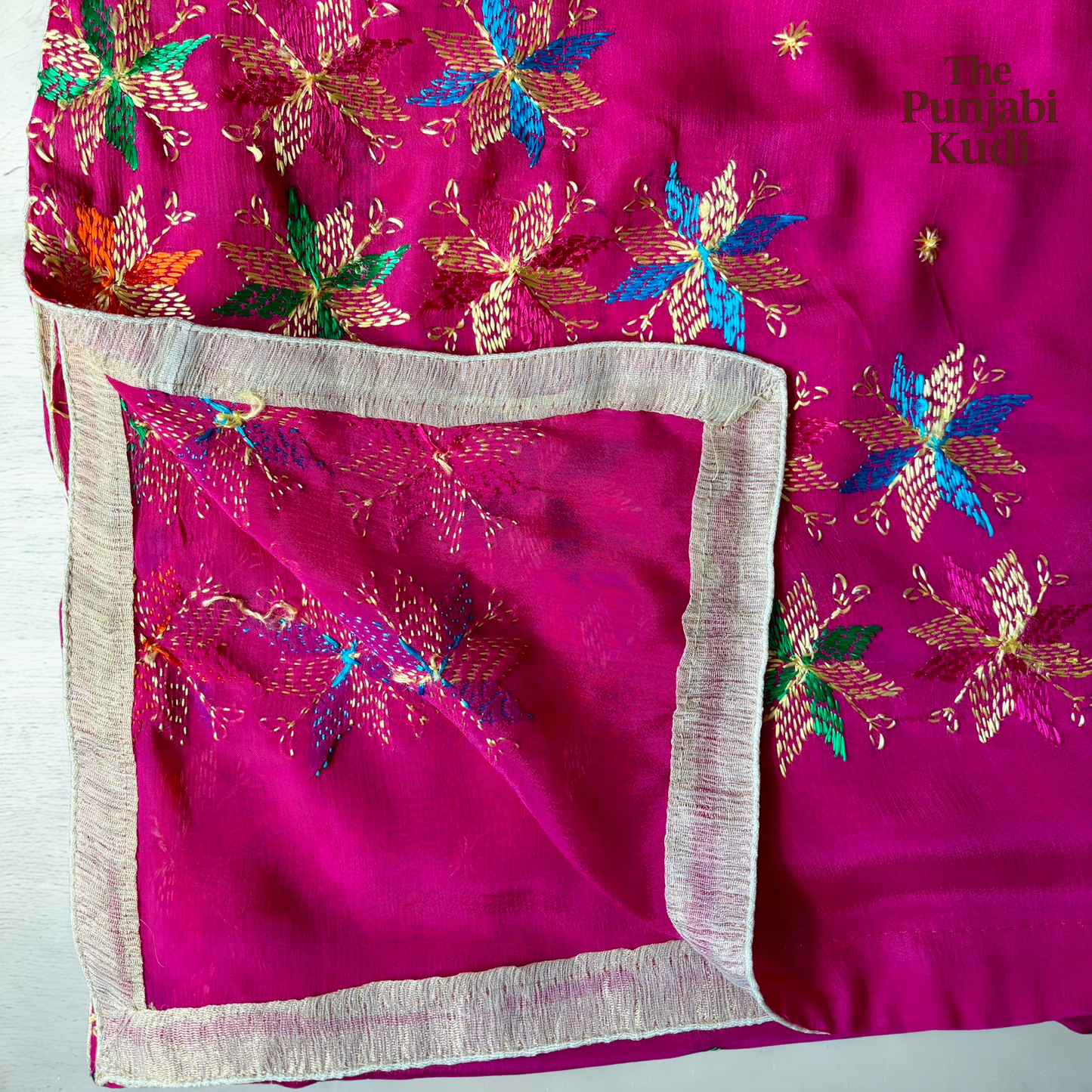 Hand-Embroidered Phulkari Chinon Dupatta Magenta Base