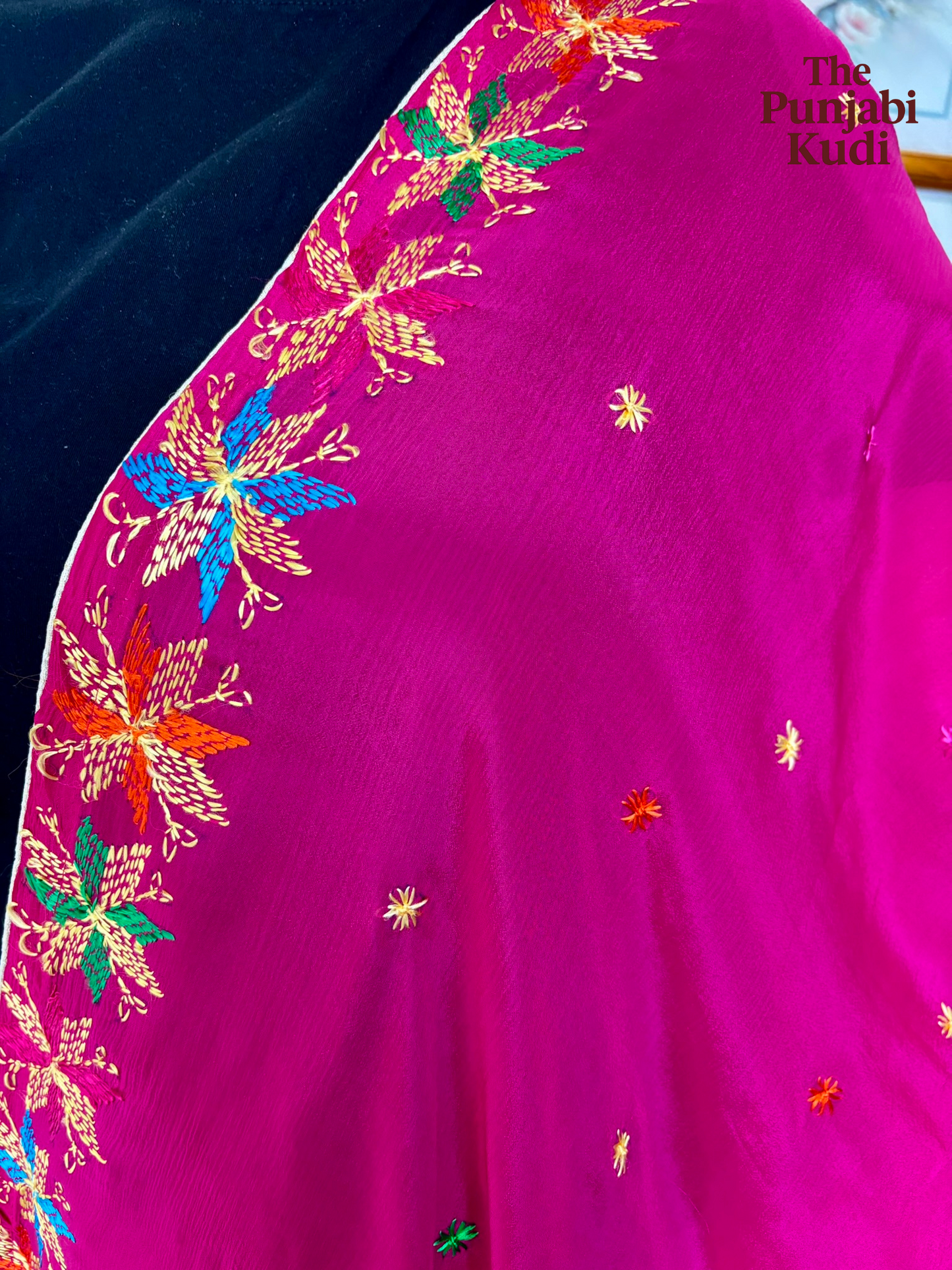 Hand-Embroidered Phulkari Chinon Dupatta Magenta Base