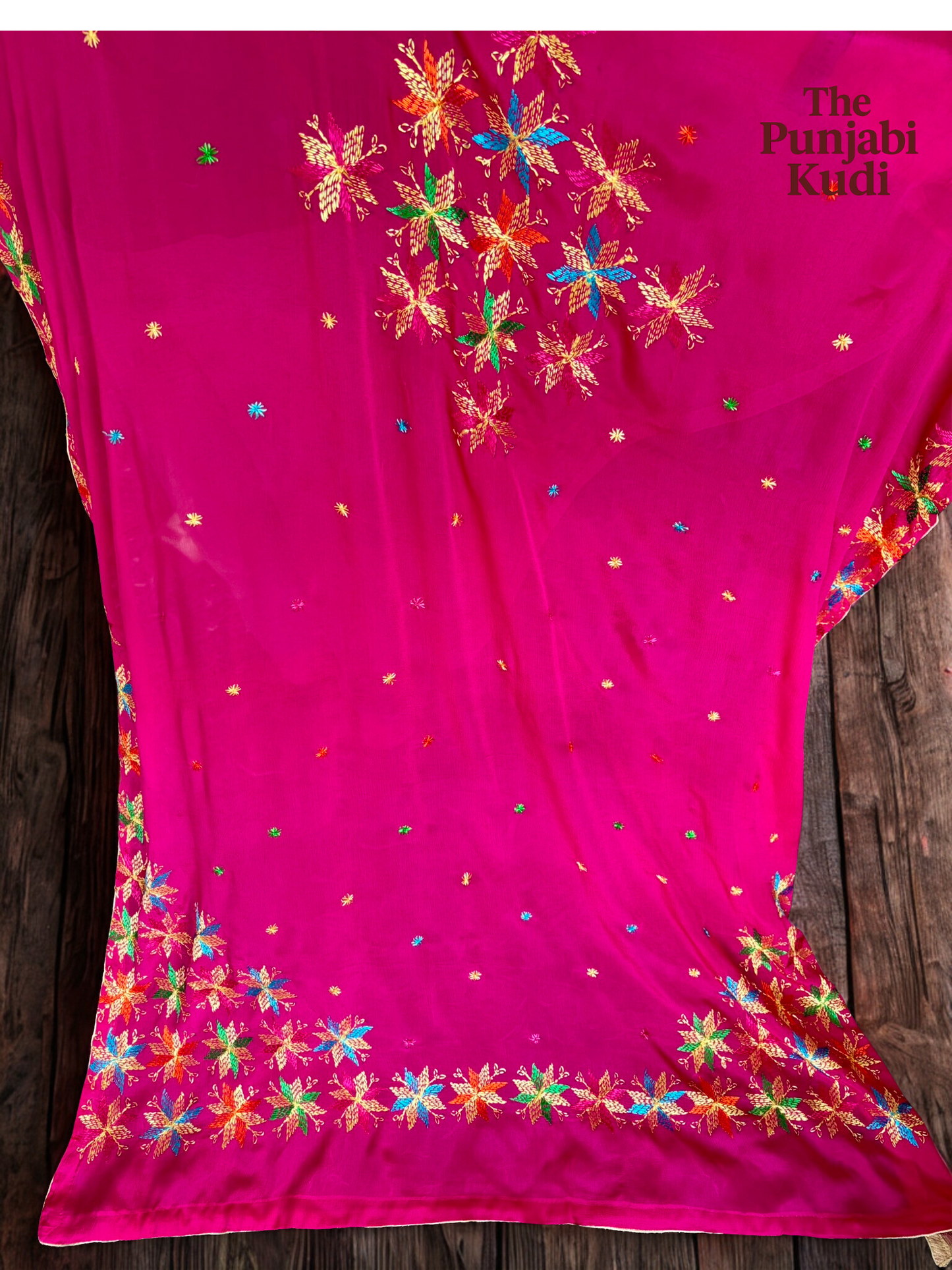 Hand-Embroidered Phulkari Chinon Dupatta Magenta Base
