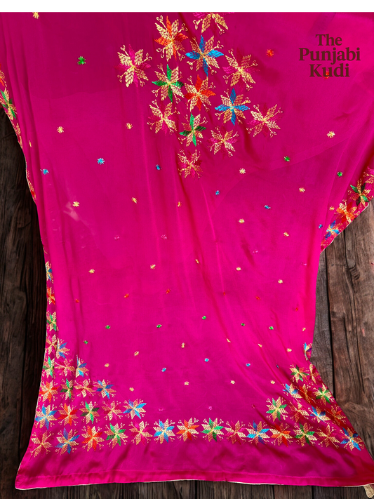 Hand-Embroidered Phulkari Chinon Dupatta Magenta Base