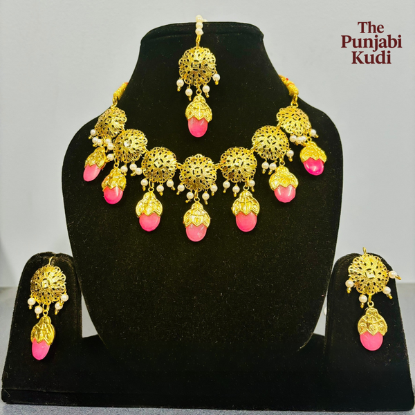 Punjabi Traditional Dakh Set with Tikka in Pink Stones