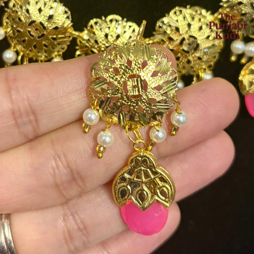 Punjabi Traditional Dakh Set with Tikka in Pink Stones
