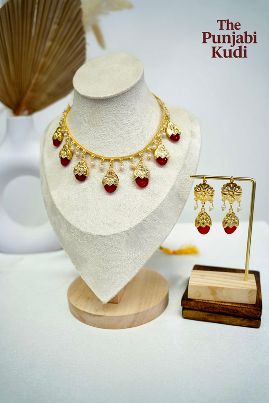 Punjabi Traditional Dakh Set with Red Stones