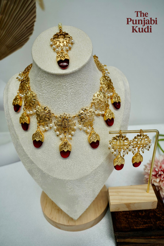 Punjabi Traditional Dakh Set with Tikka in Red Stones