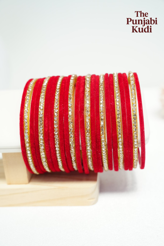 Red Velvet Golden Chuda Glass Bangles