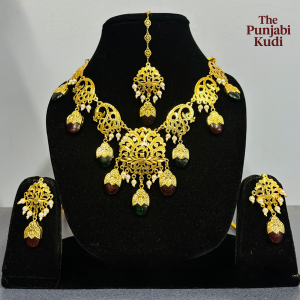 Punjabi Traditional Dakh Set with Tikka in Red and Green Stones