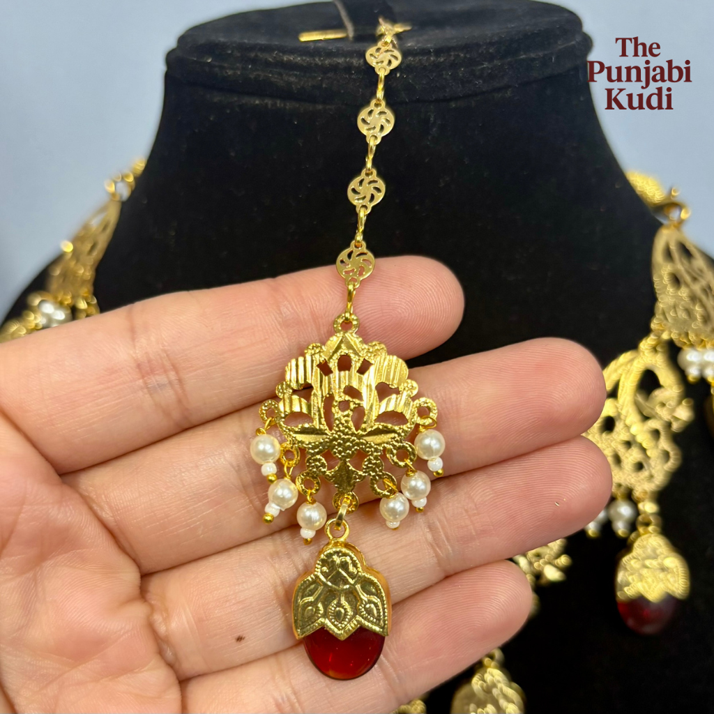Punjabi Traditional Dakh Set with Tikka in Red and Green Stones