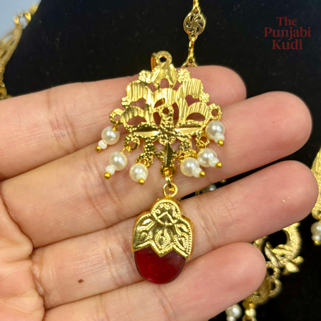 Punjabi Traditional Dakh Set with Tikka in Red and Green Stones
