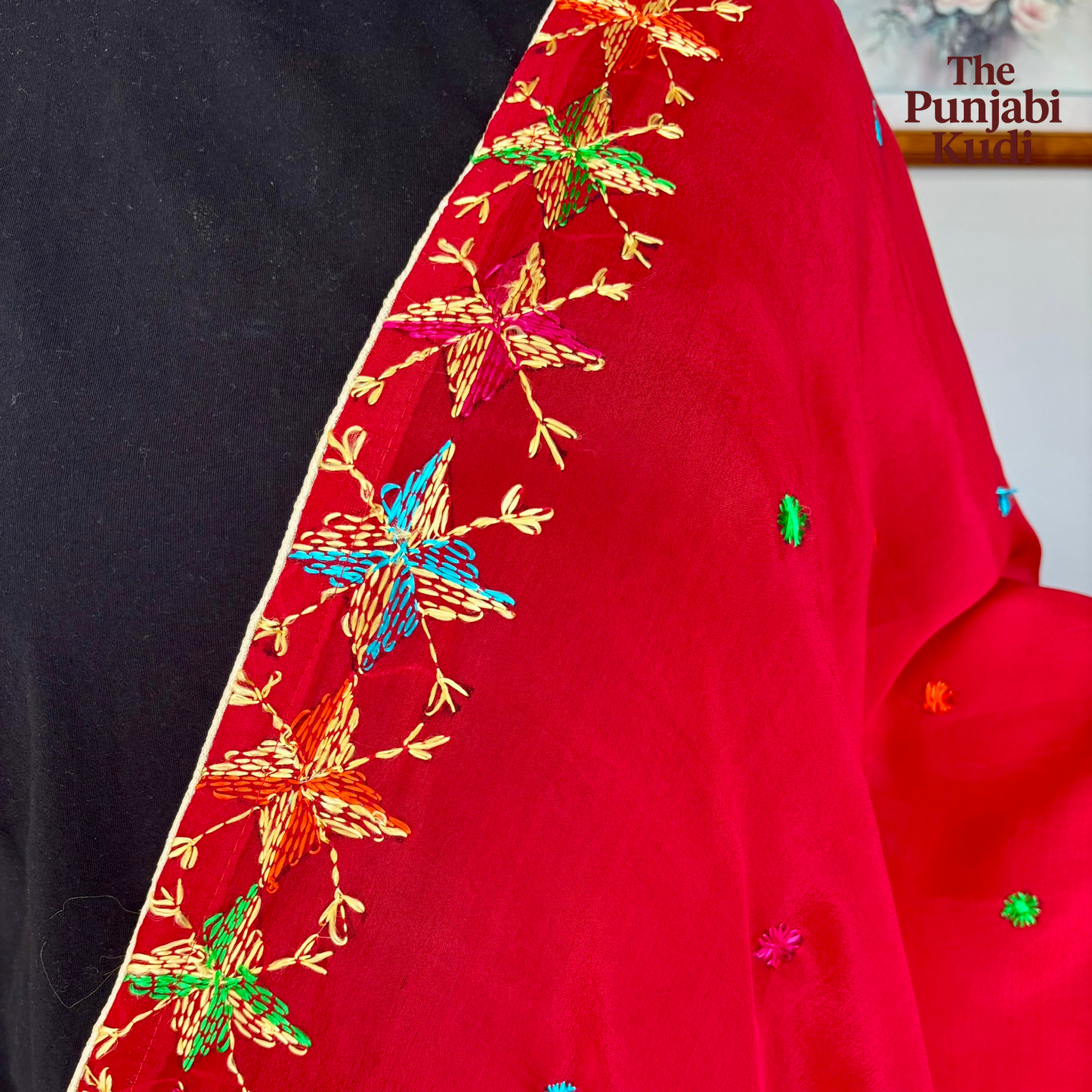Hand-Embroidered Phulkari Chinon Dupatta Red Base