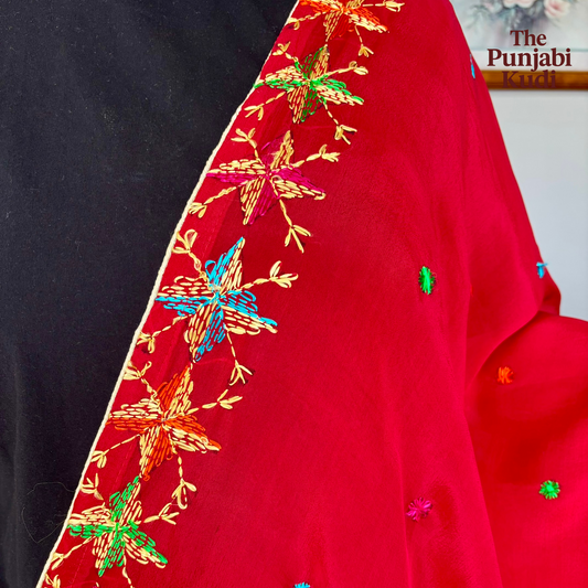 Hand-Embroidered Phulkari Chinon Dupatta Red Base