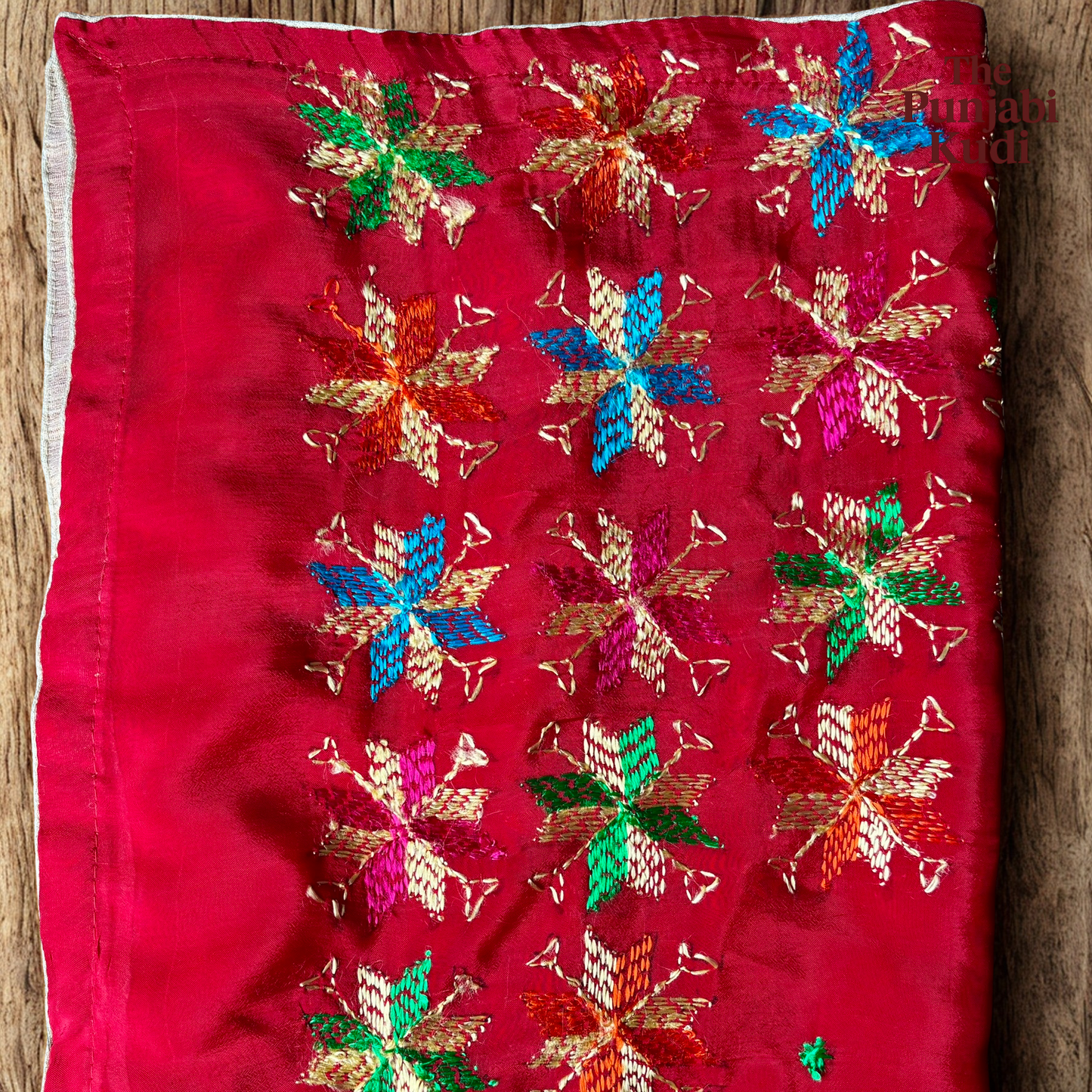 Hand-Embroidered Phulkari Chinon Dupatta Red Base