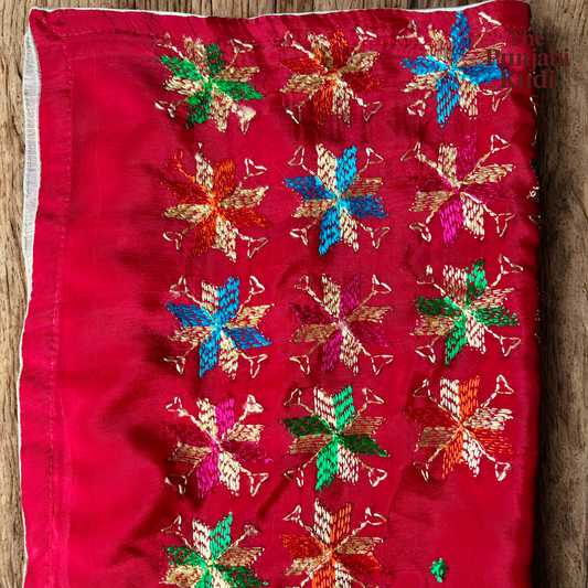 Hand-Embroidered Phulkari Chinon Dupatta Red Base