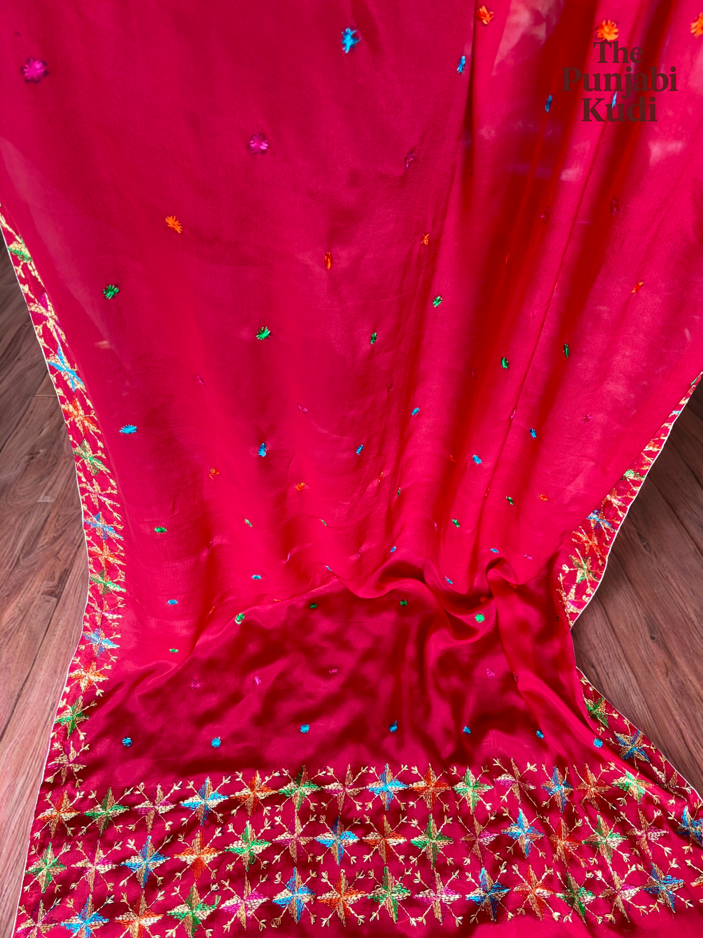 Hand-Embroidered Phulkari Chinon Dupatta Red Base