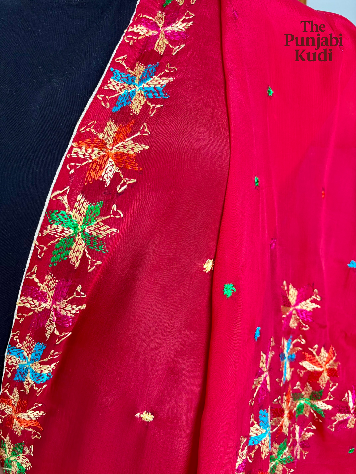 Hand-Embroidered Phulkari Chinon Dupatta Red Base