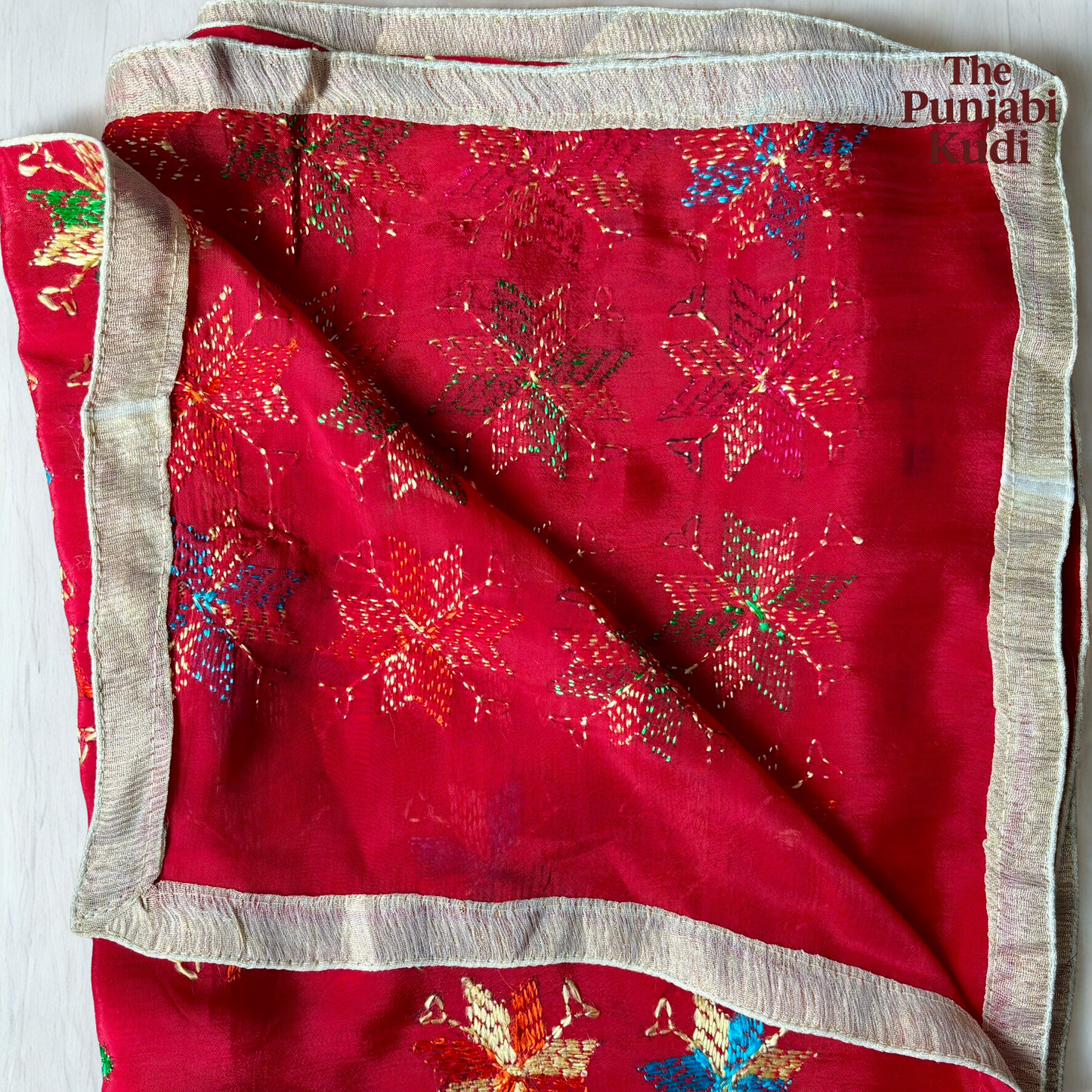 Hand-Embroidered Phulkari Chinon Dupatta Red Base
