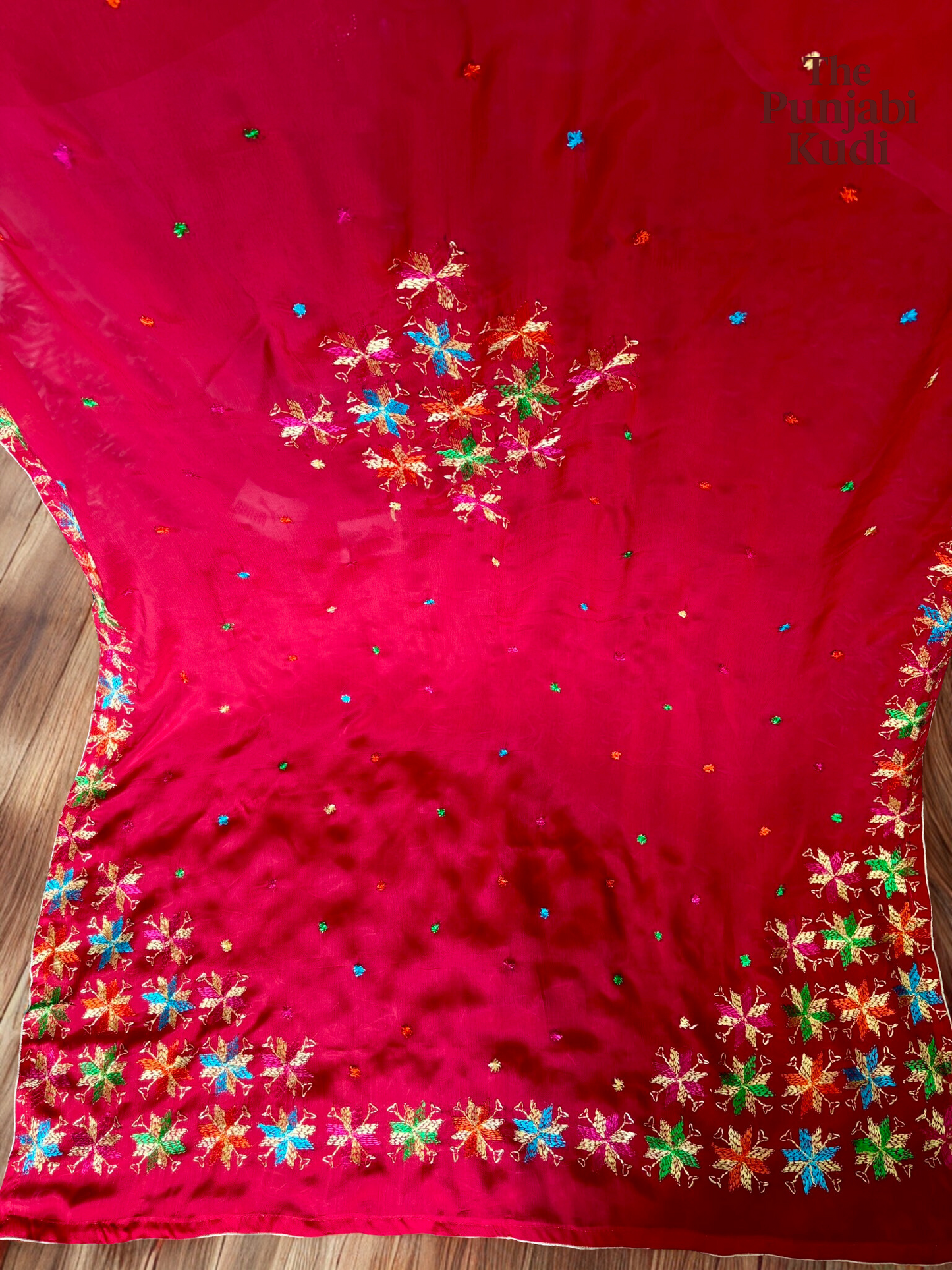 Hand-Embroidered Phulkari Chinon Dupatta Red Base