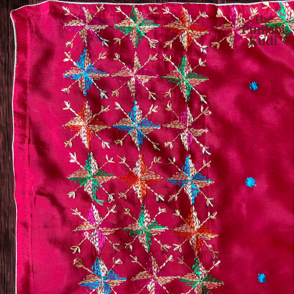 Hand-Embroidered Phulkari Chinon Dupatta Red Base