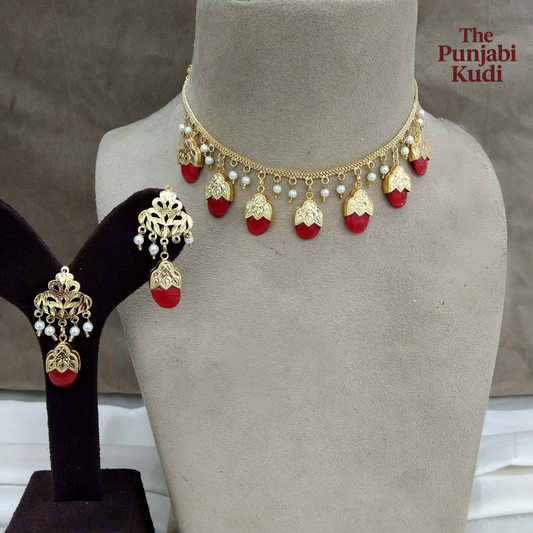 Punjabi Traditional Dakh Set with Red Stones