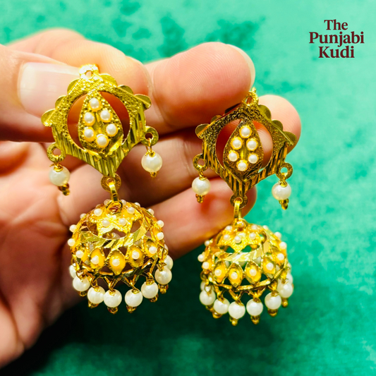 Gold Finished Jadau Lotan Earrings with Pearls